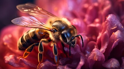 Macro photography of a bee on a pink flower, generated by AI