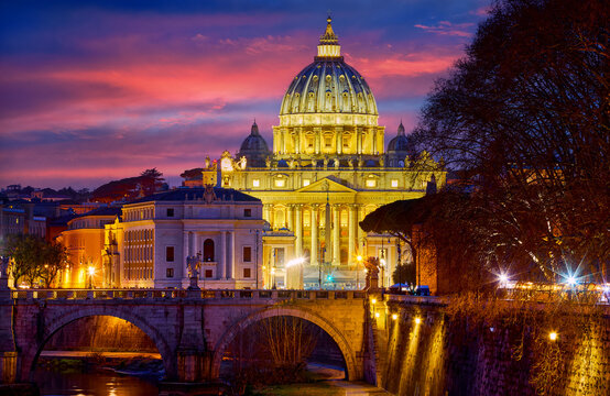 Dome Saint Peters Basilica Vatican City. Cityscape Panoramic. View Old bridge evening sunset with sky and pink clouds. Autumn landscape