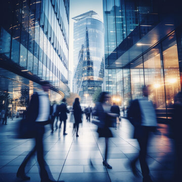 Business people in motion. Blurred business people walking in the city 