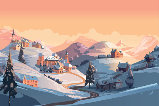 Background village in the winter mountains in the flat cartoon design. Winter wonderland paints a picture of warmth and camaraderie amid the cold. Vector illustration.