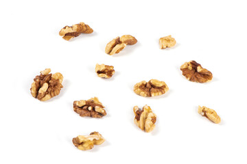 Walnuts and cracked walnuts isolated on white background