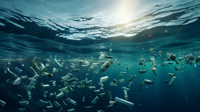 An image of trash plastic bottles drifting in the ocean
