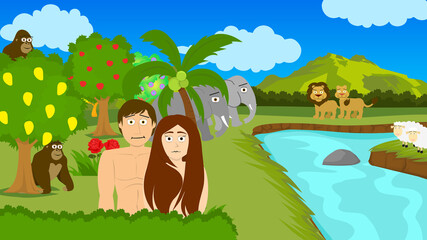 Cartoon Bible Illustration of Adam and Eve in the Garden of Eden