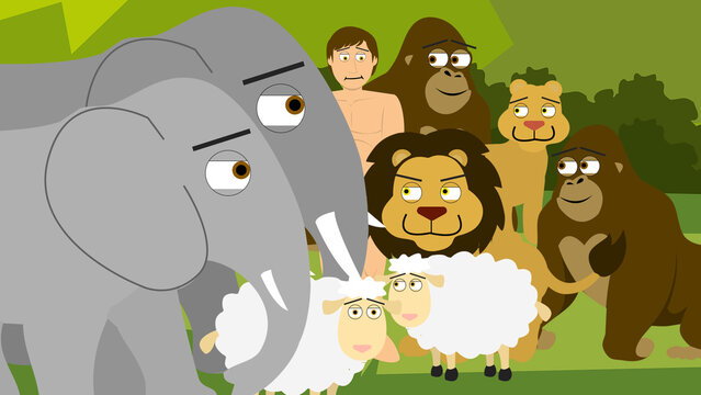 Cartoon Bible Illustration of Adam naming the animals