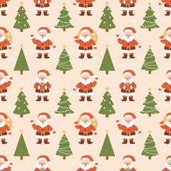 Vector seamless pattern with cute smiling Santa Claus characters and Christmas trees. Funny characters in red hat and spruce trees with decorations. Christmas and New Year background.