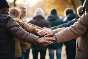 Group of mix race people joining hands together supporting each other, symbolizing unity and collective action in the fight against social injustice