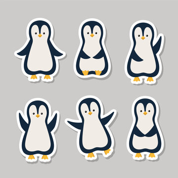 Stickers Collection of cartoon penguin. Vector illustration of Arctic cute animals.