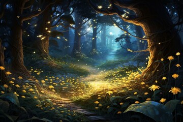 Enchanting foliage in an otherworldly woodland with luminous fireflies sparkling above. Generative AI