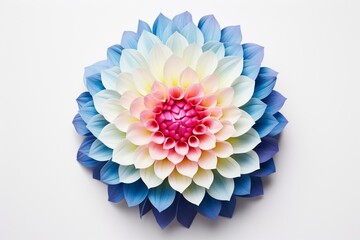 Close-up of a flower on white background with blue and pink flower in the center and a green and pink flower in the center. Generative AI
