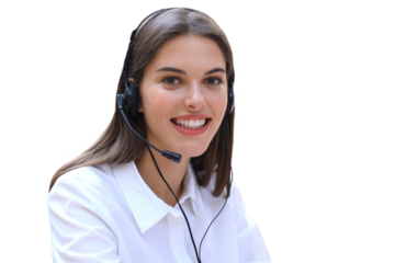 Female customer support operator with headset and smiling on a transparent background