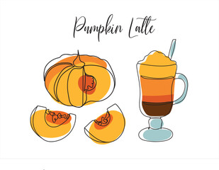 Pumpkin latte outline illustration. Pumpkin and coffee cup contour with bright abstract elements. Autumn Thanksgiving drink vector isolated on white. Autumn pumpkin line art. Minimalist art