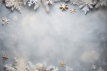 Top view Christmas snowflakes, fir tree branches on grey pastel background.
