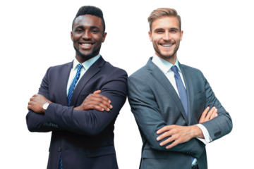 African american and caucasian business partners standing back to back together and looking in camera on a transparent background