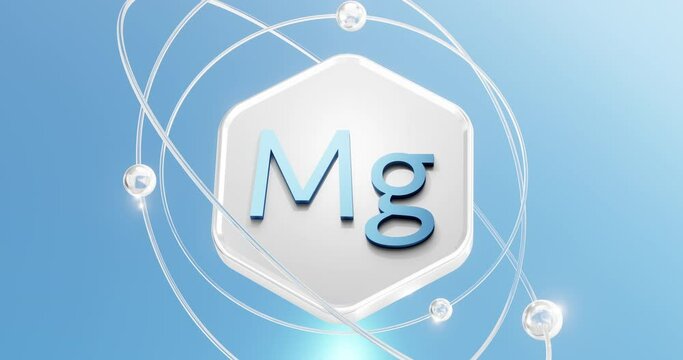 symbol of magnesium - mg located on a hexagon with rotating atoms and orbits, protection of magnesium