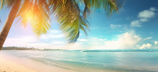 a beautiful stretch of beach with trees and coconut leaves next to it. generative AI