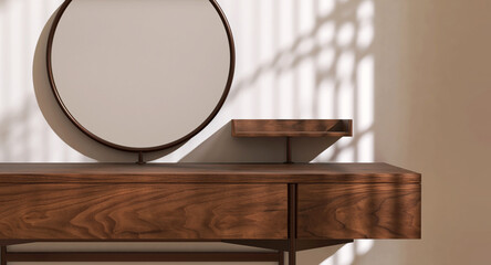 Minimal vintage wooden dressing table, round black steel frame vanity mirror in sunlight on beige wall bedroom for luxury fashion, beauty, cosmetic, skincare, body care product background 3D
