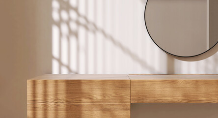 Minimal wooden dressing table, round black steel frame vanity mirror in sunlight on beige wallpaper...