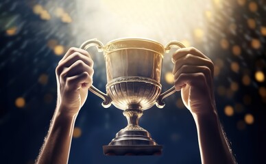 someone is lifting a trophy up against a background of blurred light. generative AI