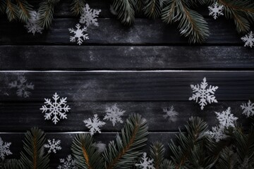 Top view Christmas snowflakes, fir tree branches on wooden black background.