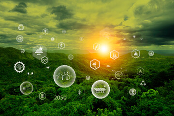 Net zero in 2050, ESG eco concept. green nature The concept of reaching net zero Round green energy icon Invest in environment, society and governance. Carbon dioxide emission in industry net zero. - obrazy, fototapety, plakaty