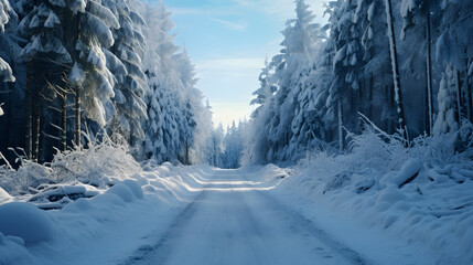 Winter Wonderland, Majestic Forest Road Serenely Blanketed in Snow