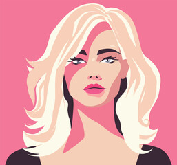 Portrait of a blonde girl. Avatar girl. Pink color palette. Hairstyle. Postcard, poster. Vector flat bright illustration on pink background