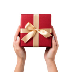 Hands holding gift box. Top view of woman hands giving present box. Isolated on transparent background