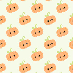 Halloween seamless pattern with cute pumpkin and kawaii graphics on plain background. Design for gift wrap, textile, fabric, decoration, wallpaper, scrapbook and packaging