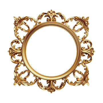 Marco de cuadro o espejo clasico o antiguo. Marco de cuadro grabado y chapado en oro aislado sobre fondo transparente.
