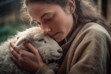 A person cuddling with a rescued farm animal ship lamb, compassion and ethical values of veganism. The photo promotes the welfare and protection of animals. Generative AI.