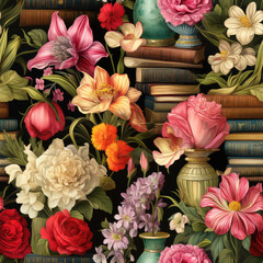 Books and flowers repeat pattern