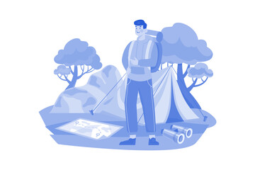 Men travel with backpack equipment and wear travel clothes for outdoor sports