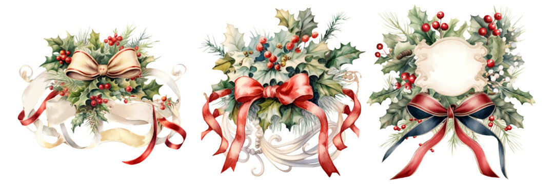 Vintage Christmas Ribbon gift bows decoration, retro christmas clipart in PNG with transparent background, retro Christmas illustrations
