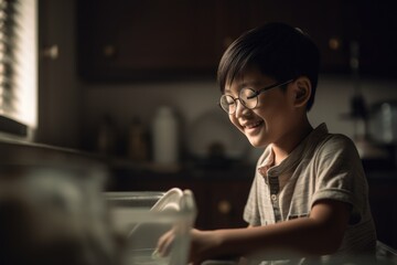 Asian smiling school-age child helping with household chores, setting the table or doing laundry. Child's sense of responsibility and contribution to the family. 