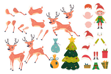 Flat Reindeer Rudolf and Elf characters constructor, moving arms and legs, combination of hats and faces. Xmas tree with  presents, bag, cute elf. Vector illustration.
