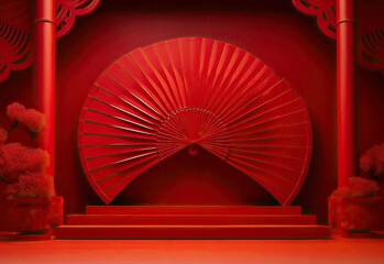 red lion fan in the style of oriental minimalism, vibrant stage backdrops