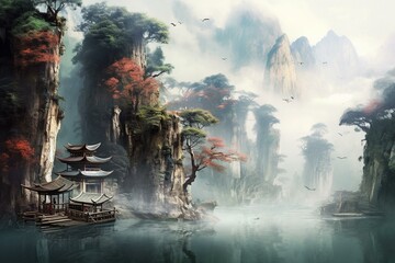 Digitally made contemporary landscape from China. Generative AI