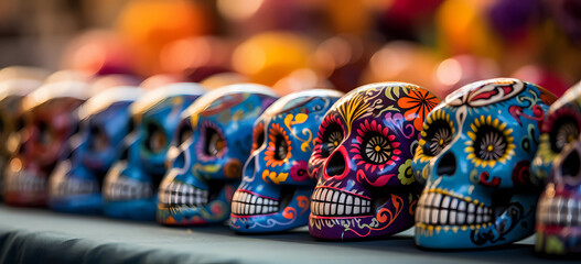 Fototapeta na wymiar Colorful Decorated Skulls Celebrating Mexican Day of the Dead Festival AI generated 