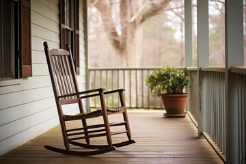 a wooden rocking chair on a porch