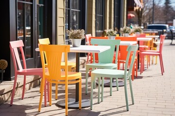 Fototapeta na wymiar bright outdoor bistro tables with matching chairs