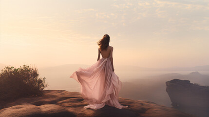 Fototapeta na wymiar Backside of a woman in a light pink long dress stand