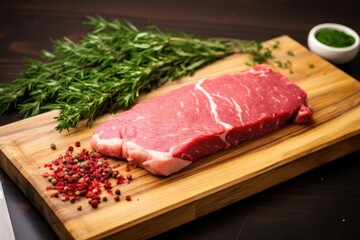 Fototapeta premium uncooked raw steak placed on a chopping board with herbs