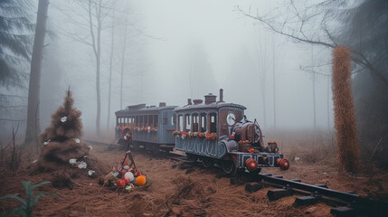 Steam train in winter forest, christmas concept.