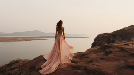 Fototapeta na wymiar Backside of a woman in a light pink long dress standing