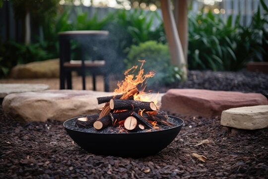 outdoor ground fire pit with firewood and ashes