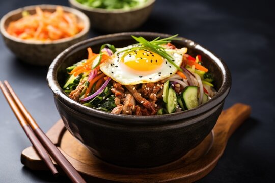 korean bibimbap in a stone bowl with a metal spoon