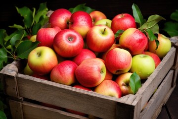 Naklejka na ściany i meble freshly harvested apples in a rustic wooden crate