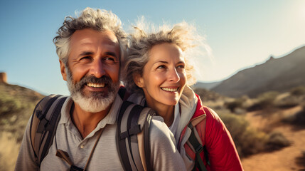 Happy senior white, caucasian couple hiking in a national park