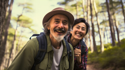 Happy senior korean, asian couple hiking in a national park