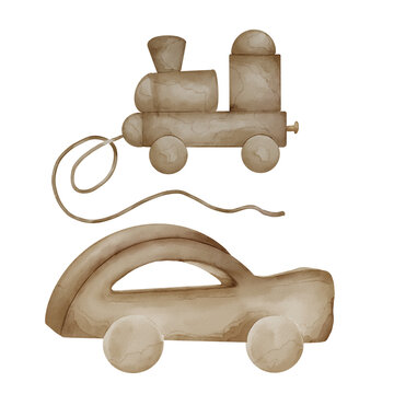 recommend clip art: Wooden toys for baby watercolor illustration isolated on white background. Hand drawn car gurney and train. Toy for toddler in pastel colors. Elements for birthday postcard or newborn shower, print